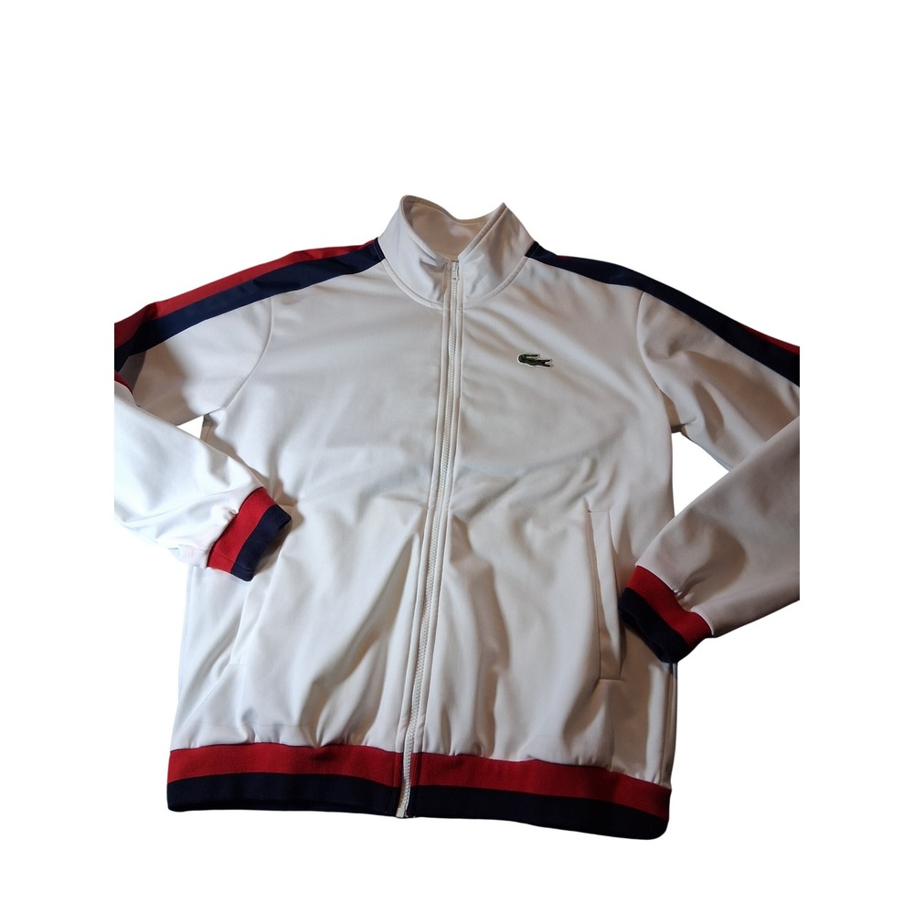 Lacoste Sport Mens White Full Zip Track Jacket Red Navy Blue Stripe Size 6 XL